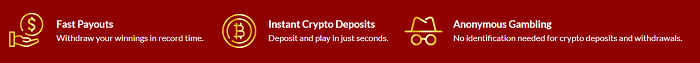 Get Fast Payouts - Withdraw your winnings in record time & Instant Crypto Deposits - Deposit and play in just seconds & Anonymous Gambling - No identification needed for crypto deposits and withdrawals
