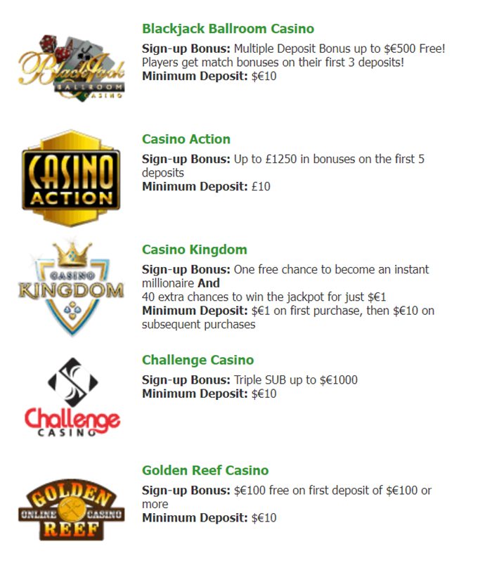 Blackjack Ballroom Casino, Casino Action, Casino Kingdom, Challenge Casino, Golden Reef Casino