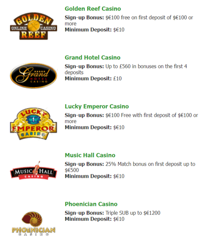 Grand Hotel Casino, Golden Reef Casino, Lucky Emperor Casino, Music Hall Casino, Phoenician Casino
