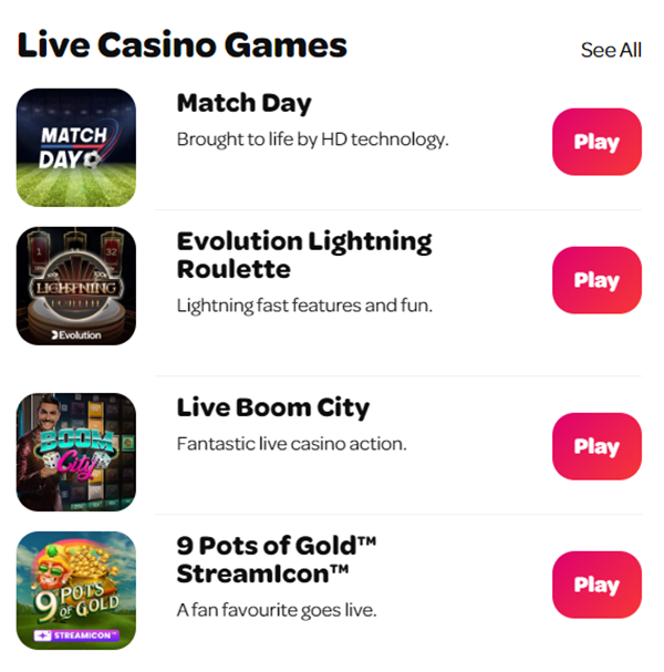 Spin Casino Live Games